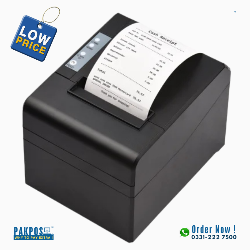 a black thermal receipt printer showing a print coming out as bill with a tag showing low price