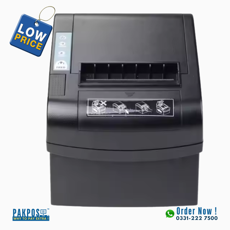 a black colored thermal receipt printer placed in straight pose with a tag showing 'low price'