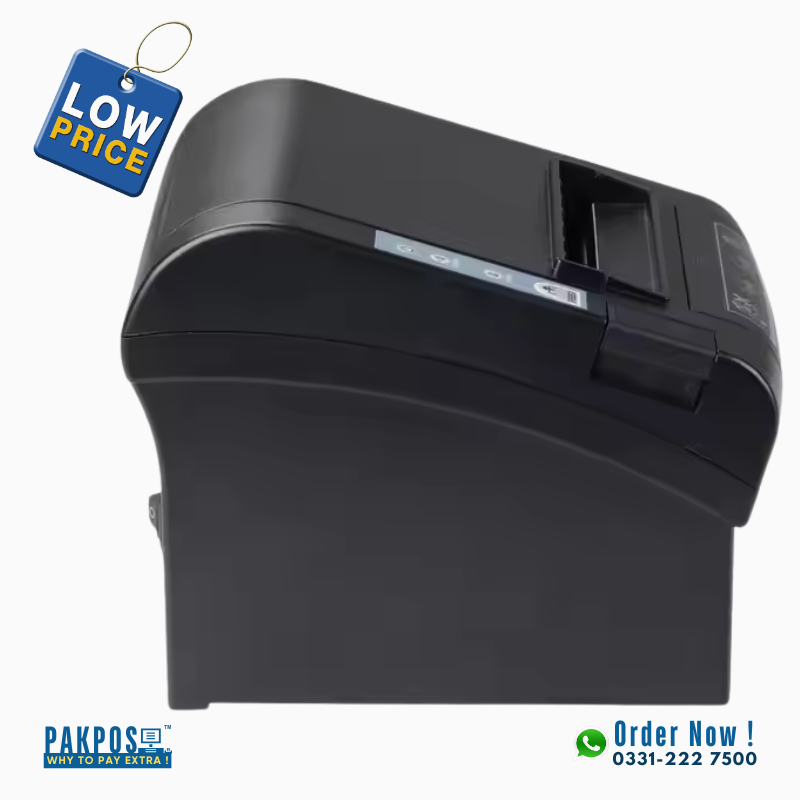 a black popular brand  receipt printer side pose with a tag of low price