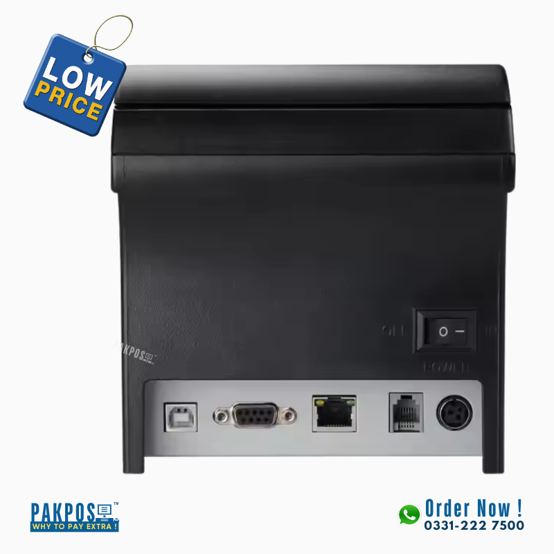 a black thermal receipt printer' s back side showing its all ports including usb and network ports