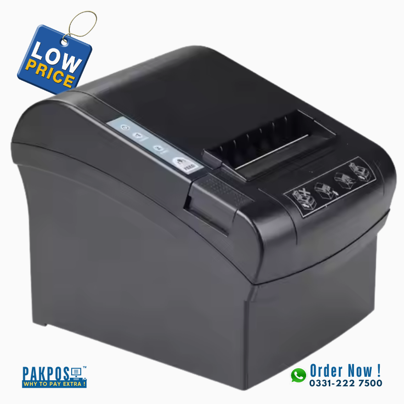 black coloured thermal receipt printer with usb and network port side pose picture