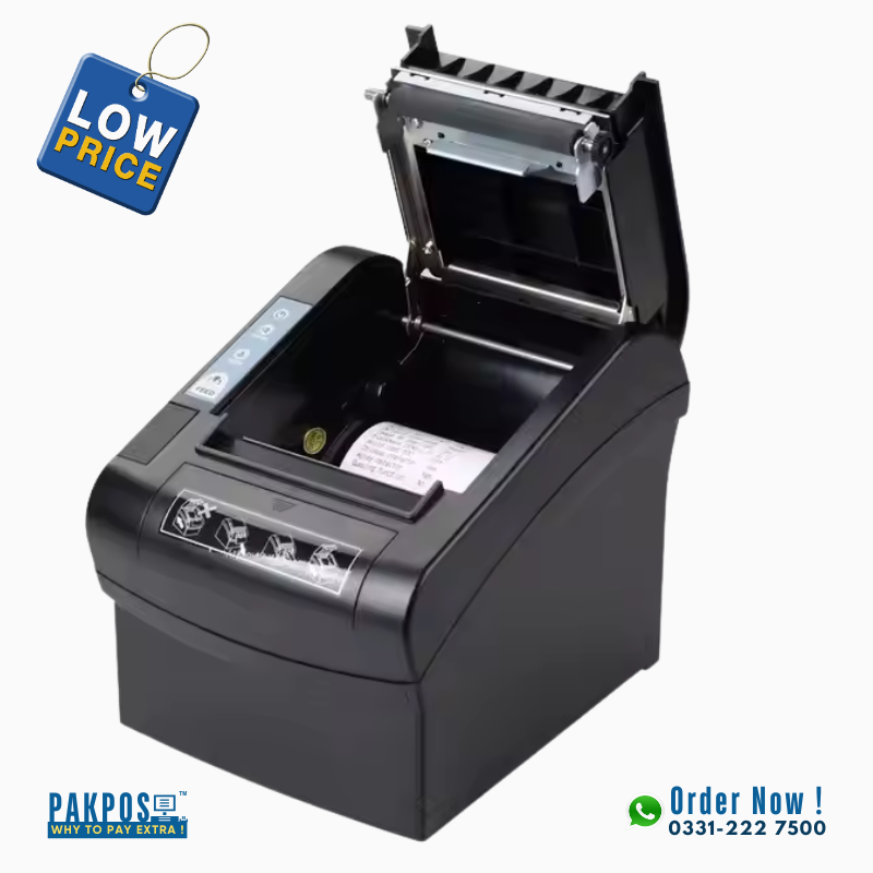 a black thermal receipt printer opened with thermal roll